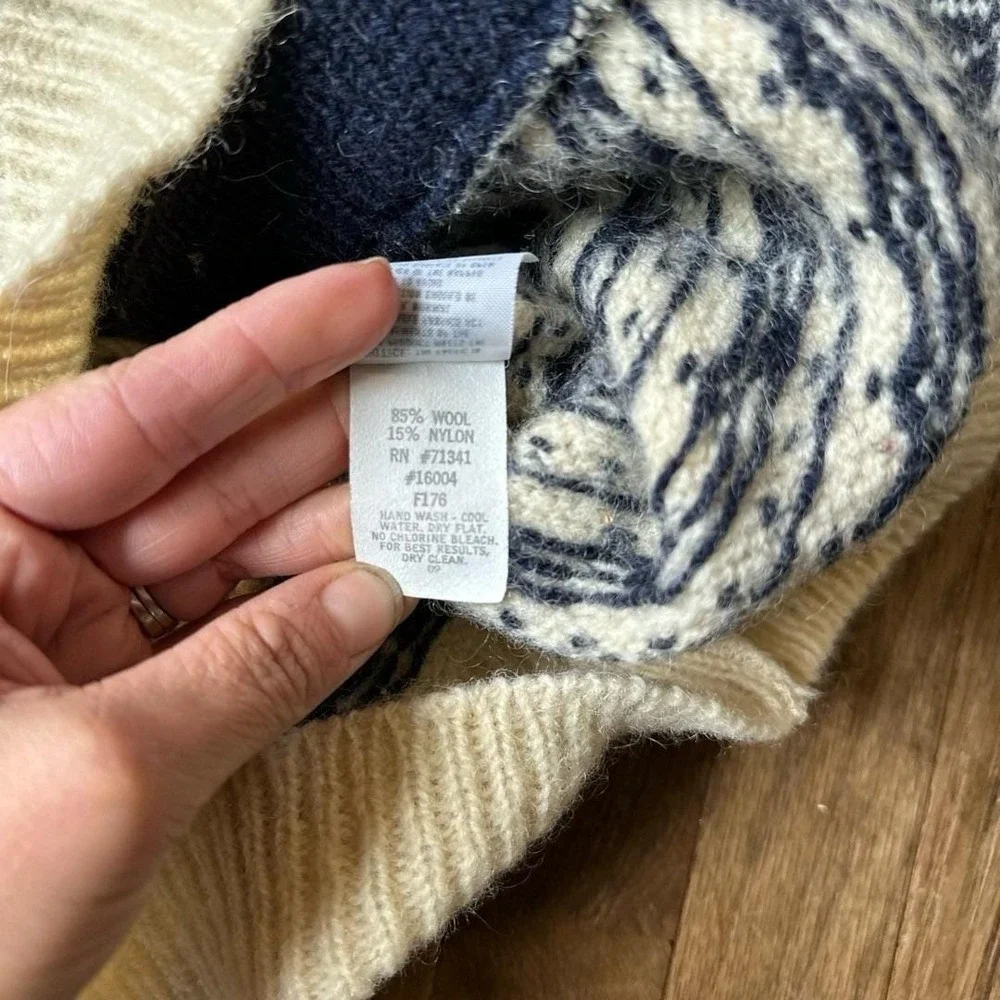 LL Bean Vintage Nordic Fair Isle Wool Sweater M Cream Multi Knit Button Front - Picture 7 of 10